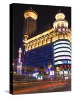 Car Light Trails and Illuminated Buildings, Peoples Square, Shanghai, China-Kober Christian-Stretched Canvas