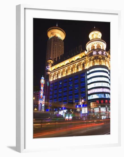 Car Light Trails and Illuminated Buildings, Peoples Square, Shanghai, China-Kober Christian-Framed Photographic Print