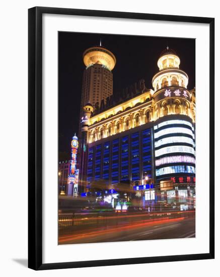 Car Light Trails and Illuminated Buildings, Peoples Square, Shanghai, China-Kober Christian-Framed Photographic Print