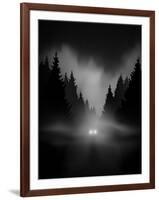 Car on Dark Road at Night through Misty Forest Editable Vector-andreiuc88-Framed Art Print