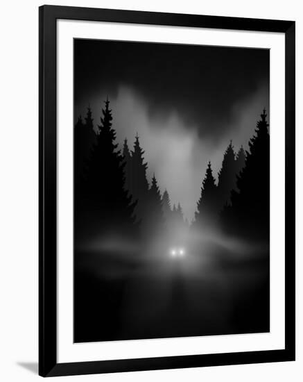 Car on Dark Road at Night through Misty Forest Editable Vector-andreiuc88-Framed Art Print