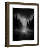 Car on Dark Road at Night through Misty Forest Editable Vector-andreiuc88-Framed Art Print