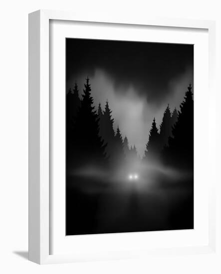 Car on Dark Road at Night through Misty Forest Editable Vector-andreiuc88-Framed Art Print