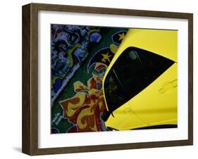 Car Parked by Graffiti Filled Wall-null-Framed Premium Photographic Print