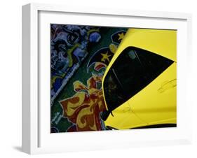 Car Parked by Graffiti Filled Wall-null-Framed Premium Photographic Print