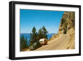 Car Pulling Small Trailer near Tunnel-null-Framed Art Print