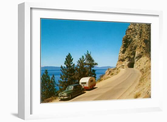 Car Pulling Small Trailer near Tunnel-null-Framed Art Print