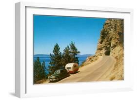 Car Pulling Small Trailer near Tunnel-null-Framed Art Print