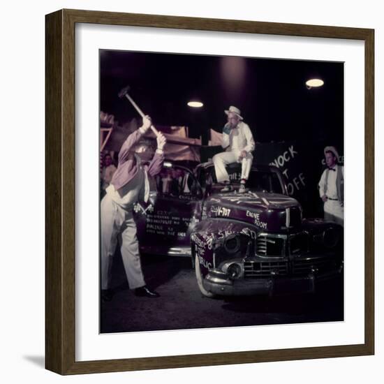 Car Smash Fundraiser with College Men Sledge Hammering a Car for Charity, USA 1954-Nina Leen-Framed Photographic Print