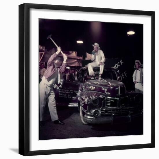 Car Smash Fundraiser with College Men Sledge Hammering a Car for Charity, USA 1954-Nina Leen-Framed Photographic Print