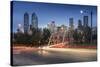 Car trail lights through Macdonal Avenue bridge and Downtown skyline at dusk, Calgary, Alberta, Can-Frank Fell-Stretched Canvas