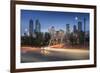 Car trail lights through Macdonal Avenue bridge and Downtown skyline at dusk, Calgary, Alberta, Can-Frank Fell-Framed Photographic Print