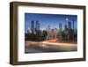 Car trail lights through Macdonal Avenue bridge and Downtown skyline at dusk, Calgary, Alberta, Can-Frank Fell-Framed Photographic Print