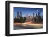 Car trail lights through Macdonal Avenue bridge and Downtown skyline at dusk, Calgary, Alberta, Can-Frank Fell-Framed Photographic Print