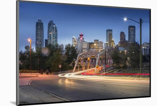 Car trail lights through Macdonal Avenue bridge and Downtown skyline at dusk, Calgary, Alberta, Can-Frank Fell-Mounted Photographic Print