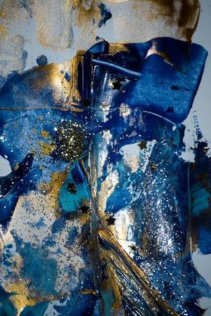 Very Beautiful Art. Abstract Background. Blue and Gold Paint. Golden Sequins