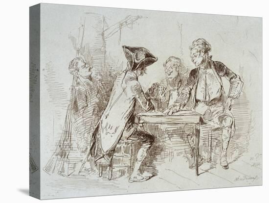 Card Players at Cabaret De Ramponeau, Sepia Drawing, France, 18th Century-null-Stretched Canvas