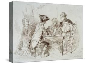 Card Players at Cabaret De Ramponeau, Sepia Drawing, France, 18th Century-null-Stretched Canvas