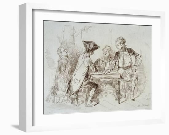 Card Players at Cabaret De Ramponeau, Sepia Drawing, France, 18th Century-null-Framed Giclee Print