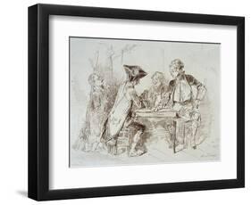 Card Players at Cabaret De Ramponeau, Sepia Drawing, France, 18th Century-null-Framed Premium Giclee Print