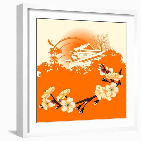 Card with A Flower Sakura and Japanese Houses-Stockerteam-Framed Art Print