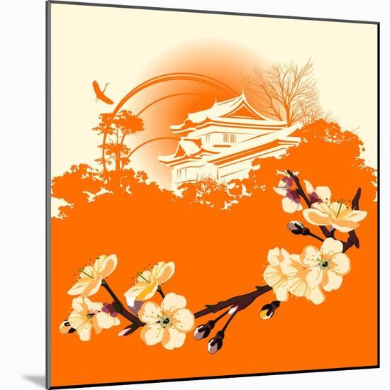 Card with A Flower Sakura and Japanese Houses-Stockerteam-Mounted Art Print