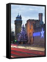 Cardiff Castle with Christmas Lights and Traffic Light Trails, Cardiff, South Wales, Wales, United -Billy Stock-Framed Stretched Canvas