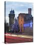 Cardiff Castle with Christmas Lights and Traffic Light Trails, Cardiff, South Wales, Wales, United -Billy Stock-Stretched Canvas