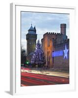 Cardiff Castle with Christmas Lights and Traffic Light Trails, Cardiff, South Wales, Wales, United -Billy Stock-Framed Photographic Print