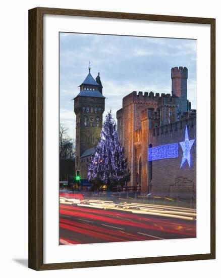 Cardiff Castle with Christmas Lights and Traffic Light Trails, Cardiff, South Wales, Wales, United -Billy Stock-Framed Photographic Print