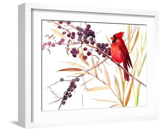 Cardinal And Berries-Suren Nersisyan-Framed Art Print