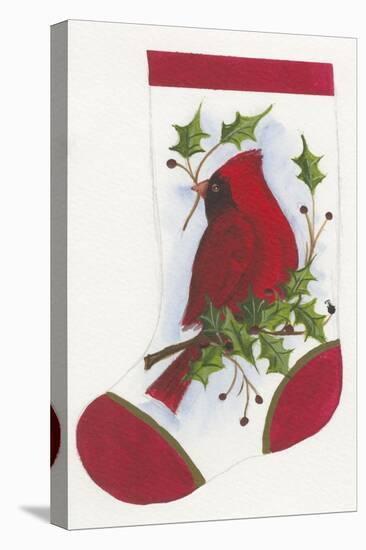 Cardinal with Holly Stocking-Beverly Johnston-Stretched Canvas