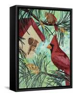 Cardinals And Birdhouse-Kestrel Michaud-Framed Stretched Canvas