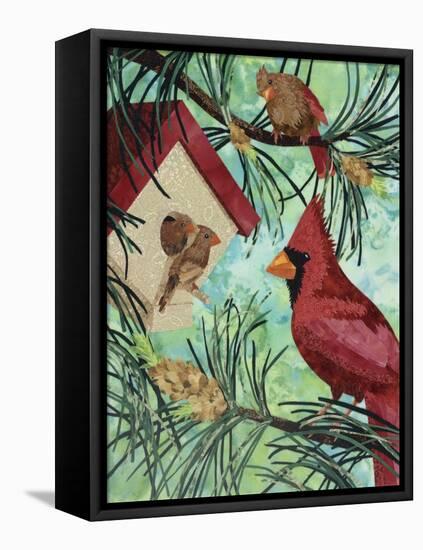 Cardinals And Birdhouse-Kestrel Michaud-Framed Stretched Canvas