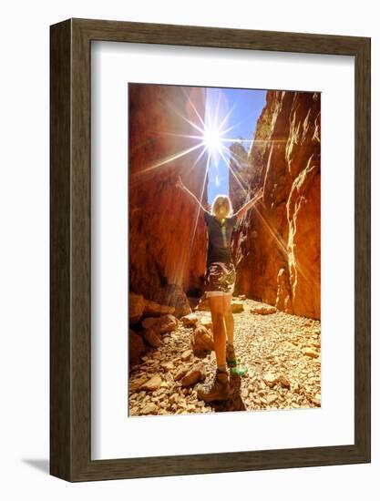 Carefree tourist woman enjoying the picturesque natural alleyway of Standley Chasm, Australia-Alberto Mazza-Framed Photographic Print