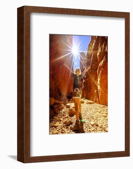 Carefree tourist woman enjoying the picturesque natural alleyway of Standley Chasm, Australia-Alberto Mazza-Framed Photographic Print