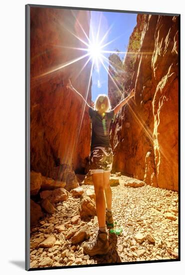 Carefree tourist woman enjoying the picturesque natural alleyway of Standley Chasm, Australia-Alberto Mazza-Mounted Photographic Print