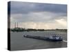 Cargo Boat on the River Rhine, Dusseldorf, North Rhine Westphalia, Germany-Yadid Levy-Stretched Canvas