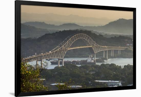 Cargo boat passes the Bridge of the Americas on the Panama Canal, Panama City, Panama, Central Amer-Michael Runkel-Framed Photographic Print