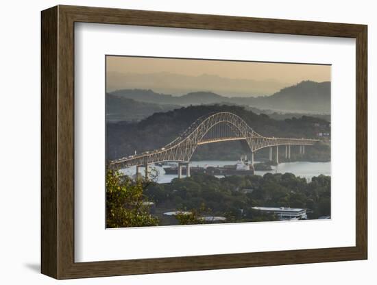 Cargo boat passes the Bridge of the Americas on the Panama Canal, Panama City, Panama, Central Amer-Michael Runkel-Framed Photographic Print