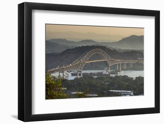 Cargo boat passes the Bridge of the Americas on the Panama Canal, Panama City, Panama, Central Amer-Michael Runkel-Framed Photographic Print