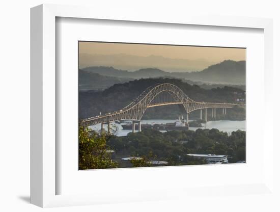 Cargo boat passes the Bridge of the Americas on the Panama Canal, Panama City, Panama, Central Amer-Michael Runkel-Framed Photographic Print