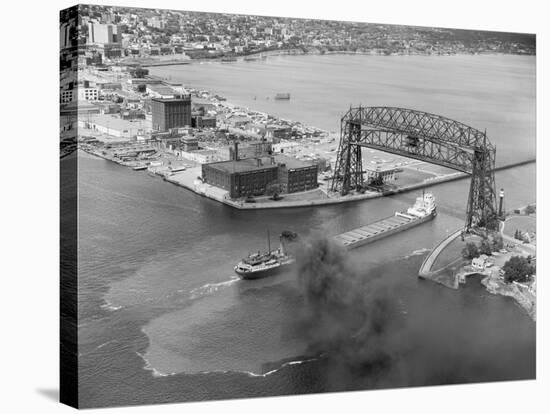 Cargo Boat Passing under Bridge-Charles Rotkin-Stretched Canvas