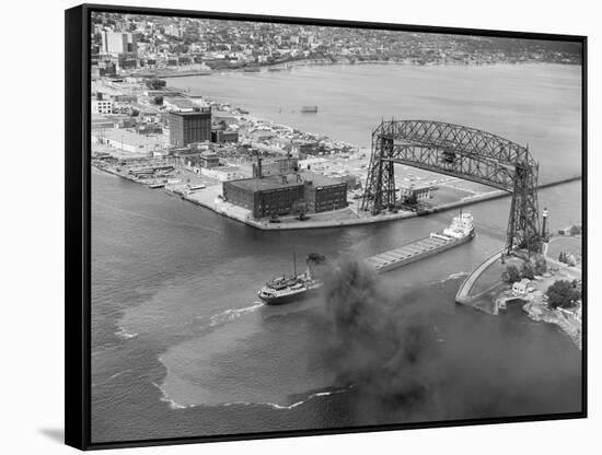 Cargo Boat Passing under Bridge-Charles Rotkin-Framed Stretched Canvas