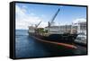 Cargo ship anchoring in the harbour of Ushuaia, Tierra del Fuego, Argentina, South America-Michael Runkel-Framed Stretched Canvas