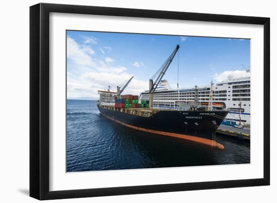 Cargo ship anchoring in the harbour of Ushuaia, Tierra del Fuego, Argentina, South America-Michael Runkel-Framed Photographic Print