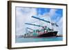 Cargo Ship at Miami Harbor with Crane and Blue Sky over Sea.-Songquan Deng-Framed Photographic Print