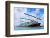 Cargo Ship at Miami Harbor with Crane and Blue Sky over Sea.-Songquan Deng-Framed Photographic Print