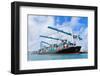 Cargo Ship at Miami Harbor with Crane and Blue Sky over Sea.-Songquan Deng-Framed Photographic Print