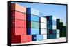 Cargo Shipping Containers Stacked at Harbor Freight Terminal under Clear Blue Sky-Sascha Burkard-Framed Stretched Canvas